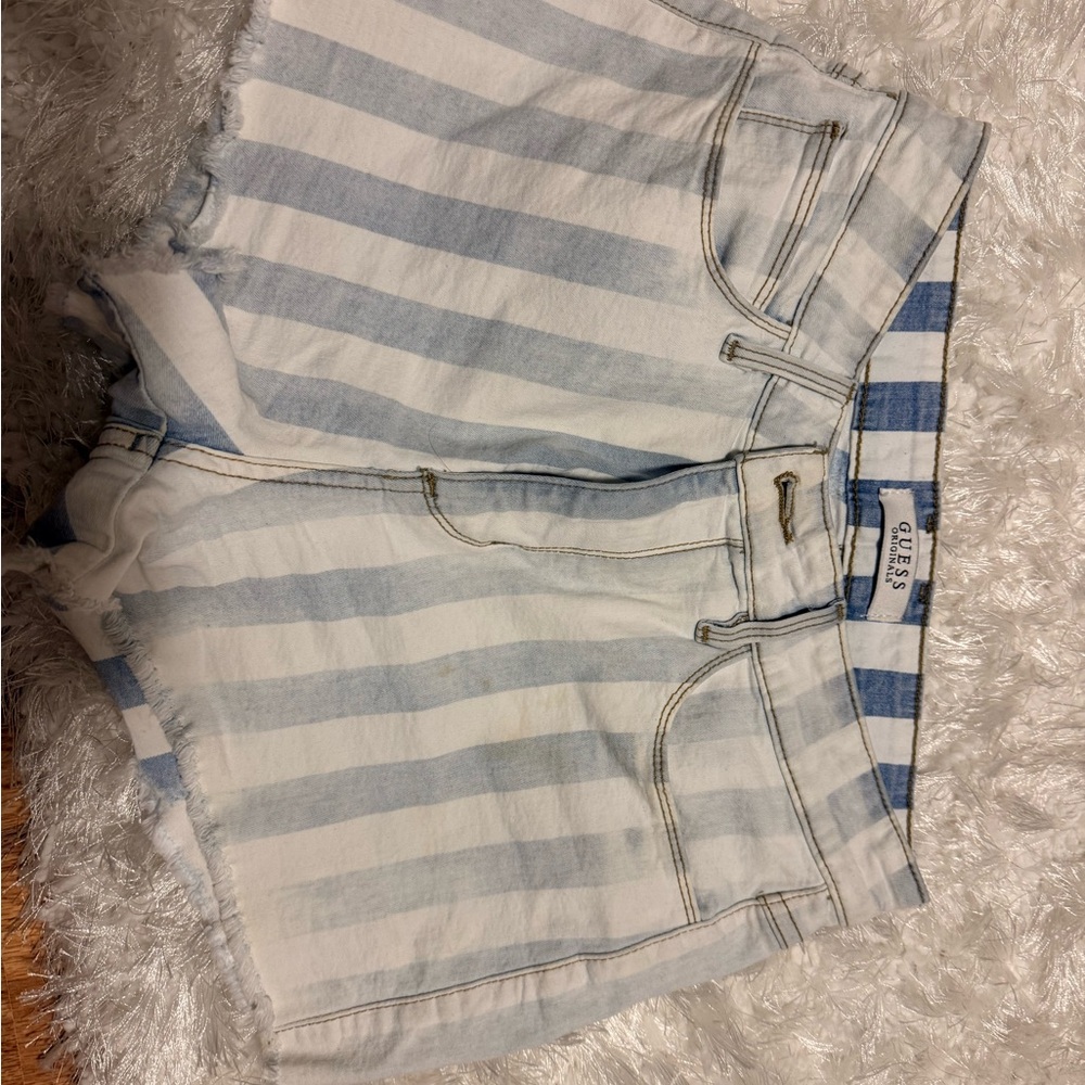 Guess Blue and White Striped Denim Shorts
